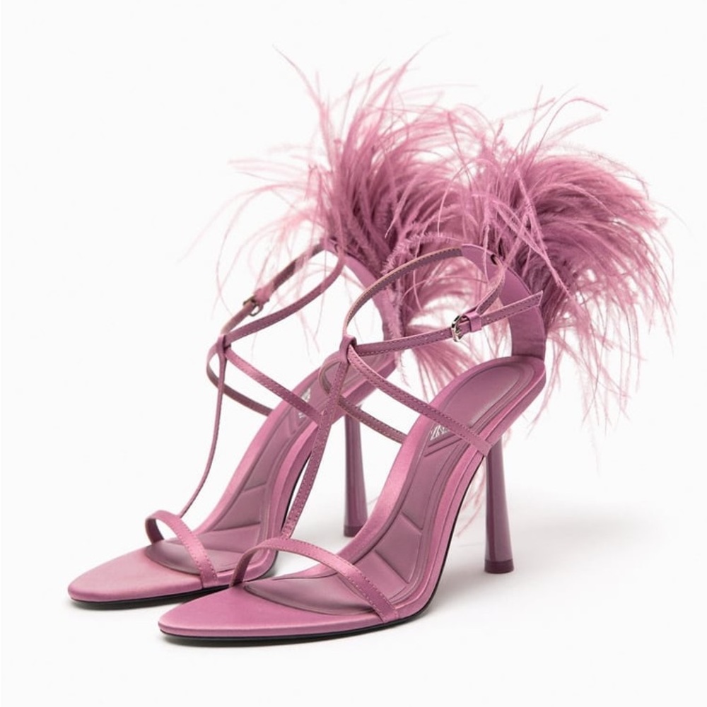 Zara feathered high heels sandals, pink
